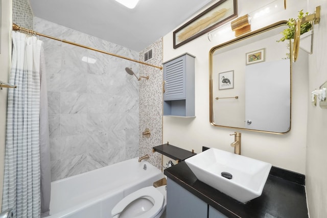 bathroom with a sink, shower / tub combo, toilet, and visible vents