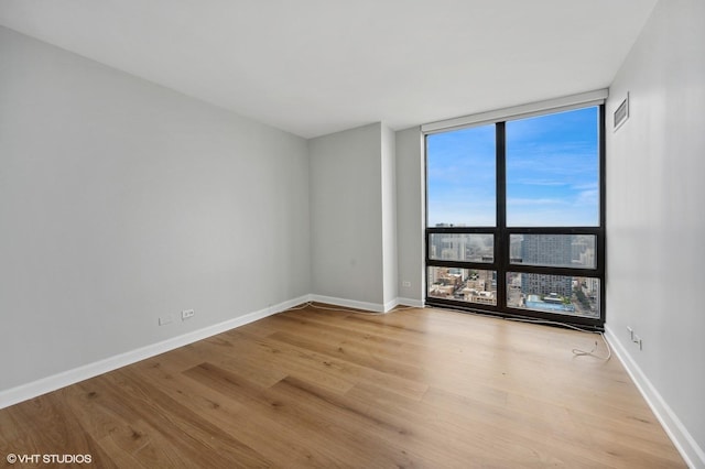 unfurnished room featuring baseboards, a wall of windows, plenty of natural light, and light wood-style flooring