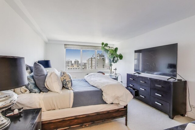 bedroom with light carpet