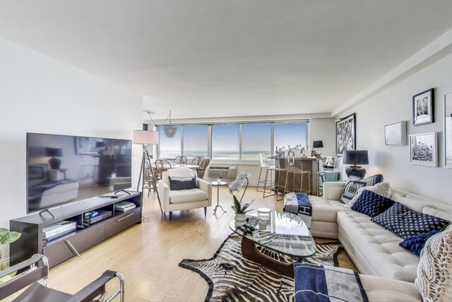 living room featuring an AC wall unit and wood finished floors