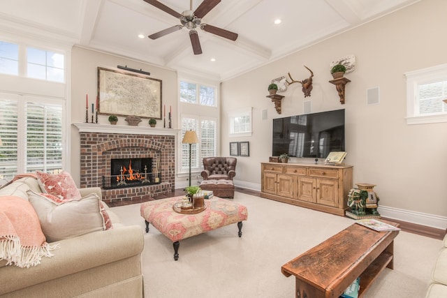 4529 Washington St, Downers Grove, IL 60515 - living area with baseboards, a brick fireplace, ceiling fan, beamed ceiling, and coffered ceiling