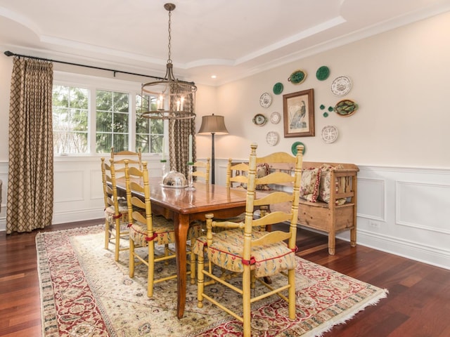 4529 Washington St, Downers Grove, IL 60515 - dining area with crown molding, a decorative wall, dark wood finished floors, wainscoting, and a notable chandelier