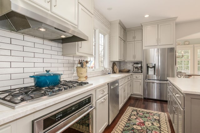 4529 Washington St, Downers Grove, IL 60515 - kitchen with tasteful backsplash, dark wood-style floors, light countertops, under cabinet range hood, and stainless steel appliances