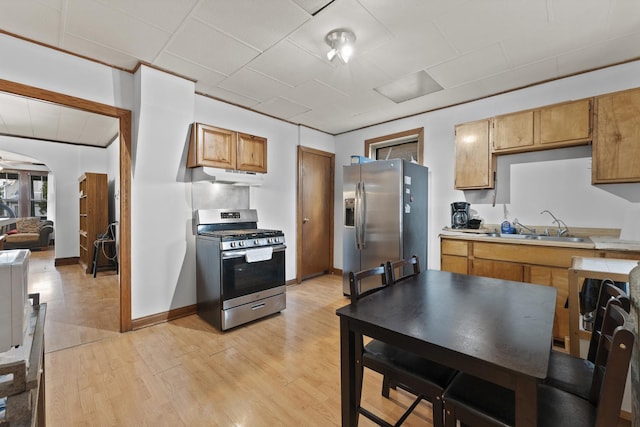 1913 N Kildare Ave, Chicago, IL 60639 - kitchen with light countertops, light wood-type flooring, under cabinet range hood, a sink, and appliances with stainless steel finishes