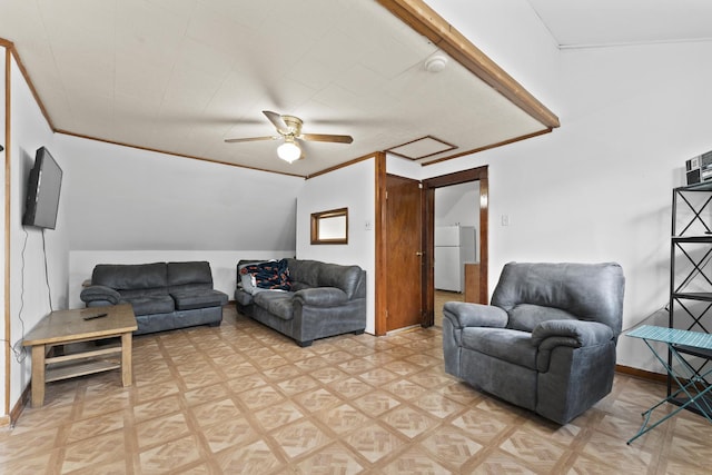1913 N Kildare Ave, Chicago, IL 60639 - living room featuring ornamental molding, baseboards, lofted ceiling, and ceiling fan
