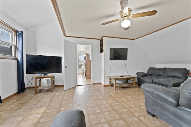 1913 N Kildare Ave, Chicago, IL 60639 - living room featuring baseboards, lofted ceiling, and ceiling fan