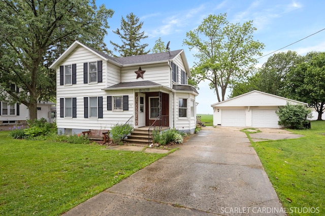 301 S Shabbona Rd, Shabbona, IL 60550 - traditional-style home featuring an outdoor structure, a detached garage, roof with shingles, and a front lawn