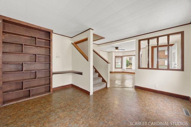 301 S Shabbona Rd, Shabbona, IL 60550 - empty room featuring stairway, baseboards, ceiling fan, and crown molding