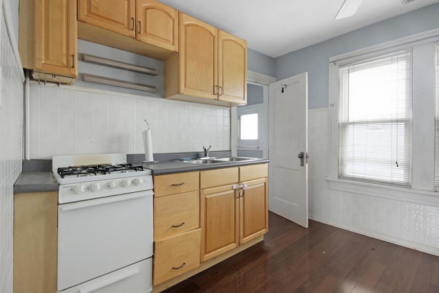 18241 Roy St, Lansing, IL 60438 - kitchen featuring white gas range oven, dark wood-style floors, a sink, light brown cabinets, and plenty of natural light