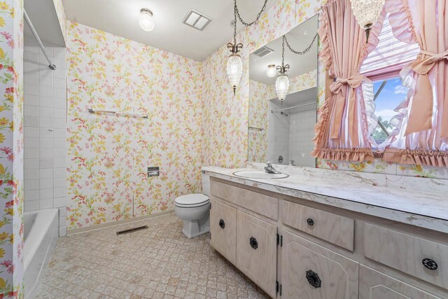 7415 W Ute Ln, Palos Heights, IL 60463 - bathroom featuring wallpapered walls, vanity, shower / bath combo, and tile patterned floors