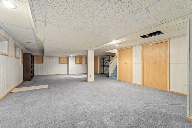 7415 W Ute Ln, Palos Heights, IL 60463 - finished basement with stairs, carpet, and a drop ceiling