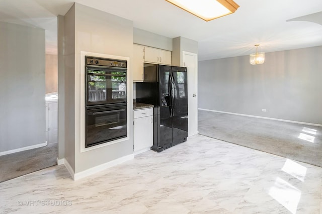 1437 S Busse Rd, Mount Prospect, IL 60056 - kitchen featuring black appliances, light marble finish floors, baseboards, a chandelier, and hanging light fixtures