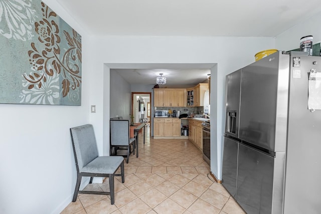 3801 W 65th Pl, Chicago, IL 60629 - kitchen with appliances with stainless steel finishes, light brown cabinets, decorative backsplash, light tile patterned floors, and glass insert cabinets