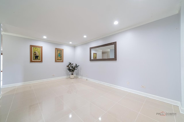 empty room featuring light tile patterned floors, crown molding, baseboards, and recessed lighting