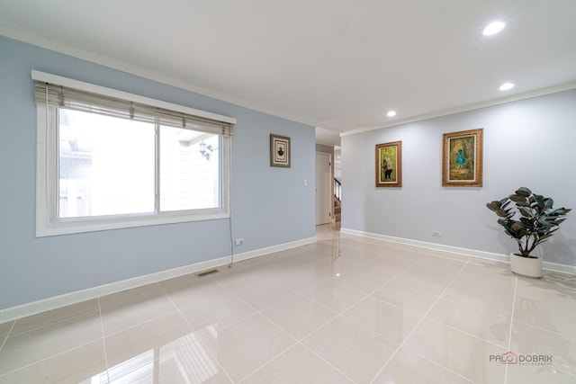 spare room featuring baseboards, visible vents, recessed lighting, and light tile patterned floors