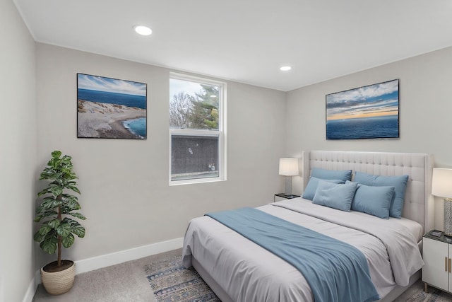 bedroom featuring recessed lighting, baseboards, and carpet floors