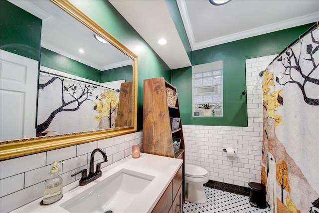 full bath with tile walls, recessed lighting, ornamental molding, and vanity