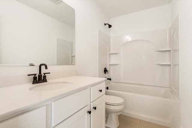 full bath featuring bathtub / shower combination, toilet, tile patterned floors, and vanity