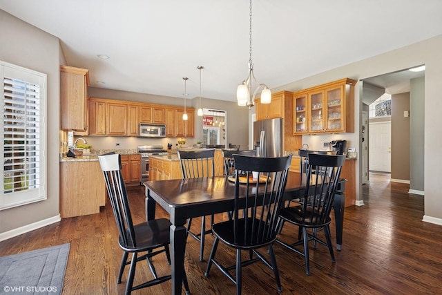 dining room featuring dark wood-style flooring, baseboards, and a healthy amount of sunlight