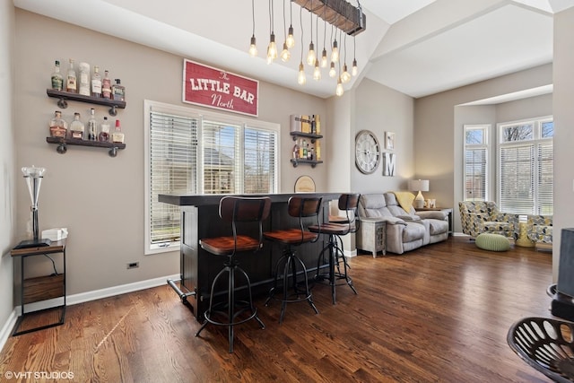 bar featuring a wealth of natural light, a dry bar, dark wood-style floors, and baseboards