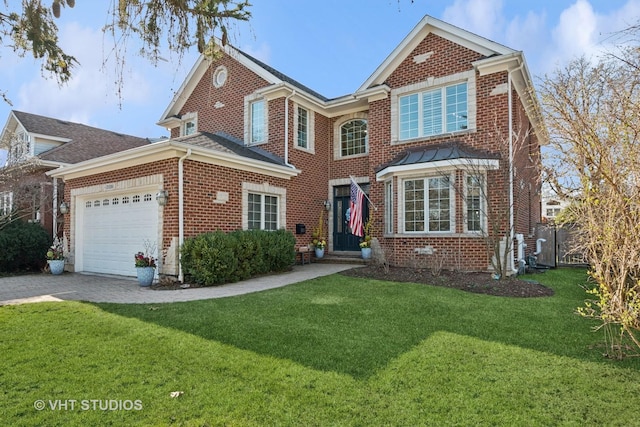 traditional-style home featuring a front yard, brick siding, decorative driveway, and a garage