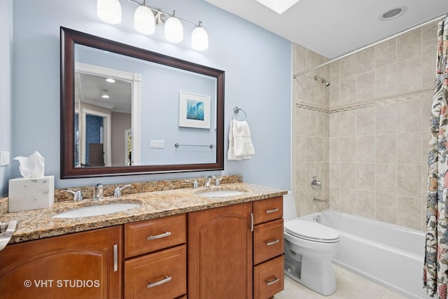 full bathroom with a sink, tile patterned floors, shower / bathtub combination with curtain, and double vanity