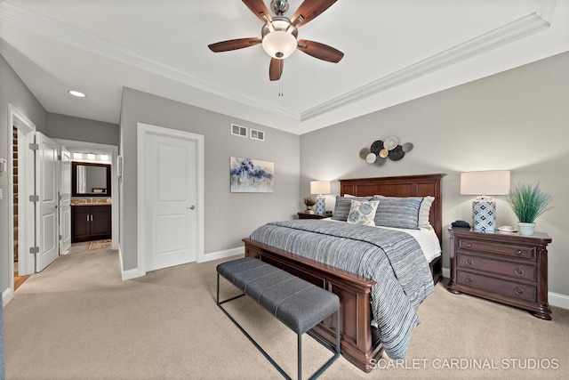 2793 Nicole Cir, Aurora, IL 60502 - bedroom with visible vents, ornamental molding, baseboards, ceiling fan, and light colored carpet