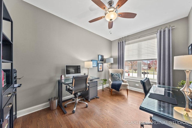 2793 Nicole Cir, Aurora, IL 60502 - office area featuring a ceiling fan, baseboards, and wood finished floors