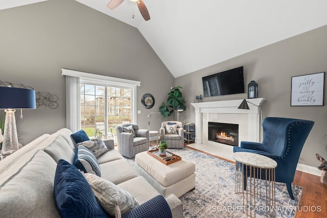2793 Nicole Cir, Aurora, IL 60502 - living area featuring high vaulted ceiling, ceiling fan, wood finished floors, and a premium fireplace