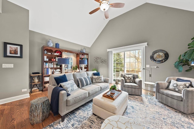 2793 Nicole Cir, Aurora, IL 60502 - living room featuring baseboards, high vaulted ceiling, ceiling fan, and wood finished floors