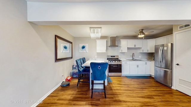 kitchen featuring wall chimney exhaust hood, stainless steel appliances, a sink, visible vents, and white cabinetry