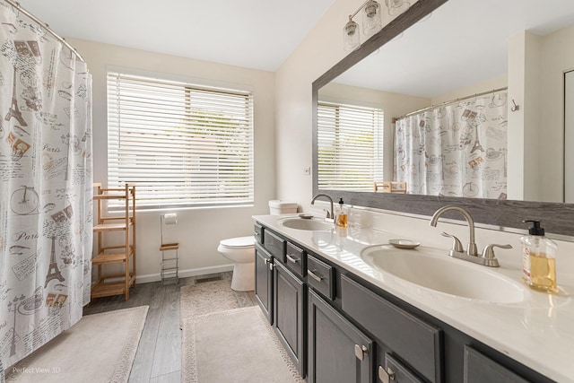 1704 Walnut Park Ln, Aurora, IL 60504 - full bathroom with double vanity, toilet, wood finished floors, baseboards, and a shower with shower curtain