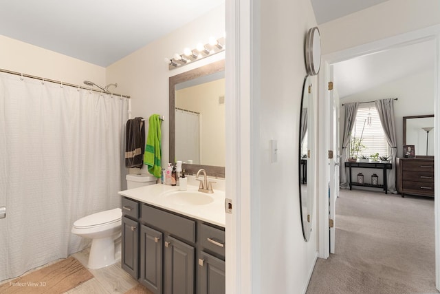 1704 Walnut Park Ln, Aurora, IL 60504 - bathroom with vanity, toilet, lofted ceiling, and curtained shower