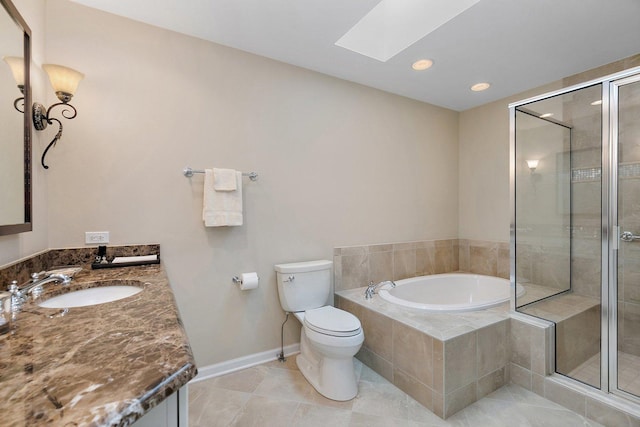 bathroom with baseboards, a skylight, a stall shower, and a bath