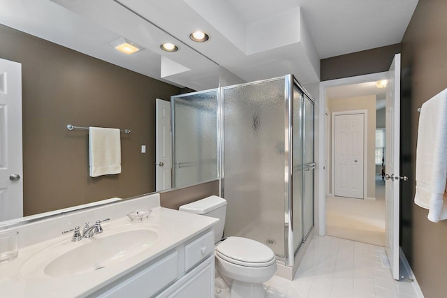full bath featuring toilet, a stall shower, tile patterned flooring, and vanity