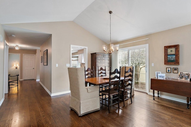 dining space with dark wood finished floors, baseboards, vaulted ceiling, and an inviting chandelier