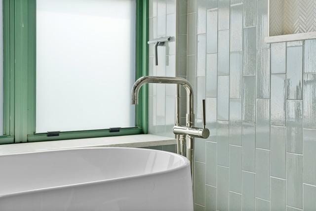 interior details with a freestanding bath and a sink