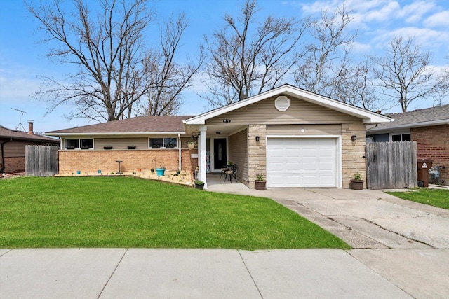 472 Lakewood Blvd, Park Forest, IL 60466 - ranch-style house featuring concrete driveway, an attached garage, fence, a front yard, and brick siding