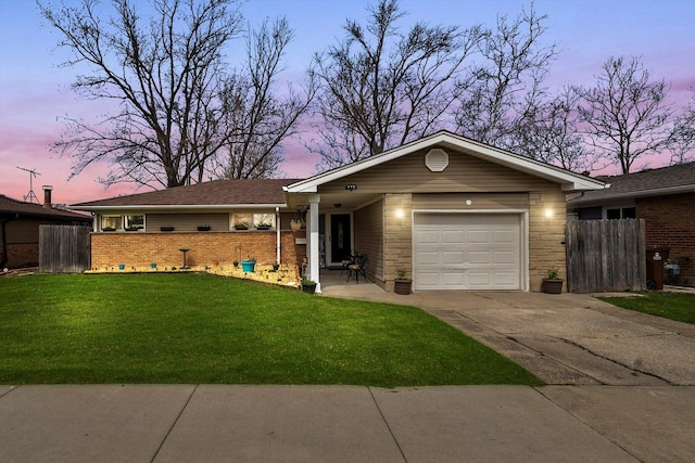 472 Lakewood Blvd, Park Forest, IL 60466 - ranch-style house featuring a front lawn, concrete driveway, fence, brick siding, and a garage