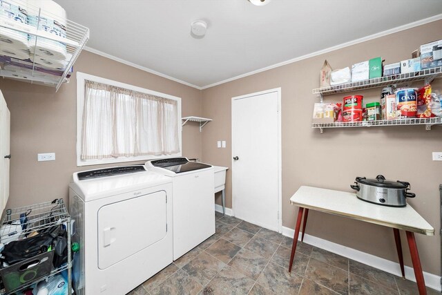 472 Lakewood Blvd, Park Forest, IL 60466 - laundry room with baseboards, separate washer and dryer, stone finish flooring, laundry area, and ornamental molding