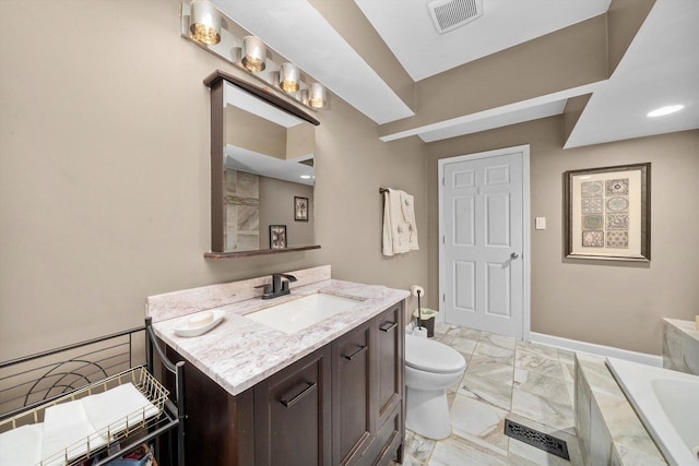 472 Lakewood Blvd, Park Forest, IL 60466 - full bathroom featuring marble finish floor, visible vents, toilet, vanity, and tiled bath
