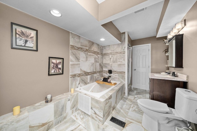 472 Lakewood Blvd, Park Forest, IL 60466 - full bathroom featuring recessed lighting, marble finish floor, toilet, vanity, and a bath