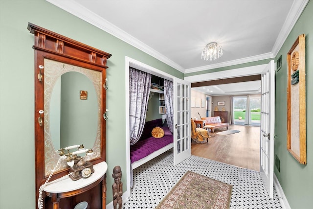 472 Lakewood Blvd, Park Forest, IL 60466 - mudroom featuring an inviting chandelier, visible vents, french doors, crown molding, and baseboards