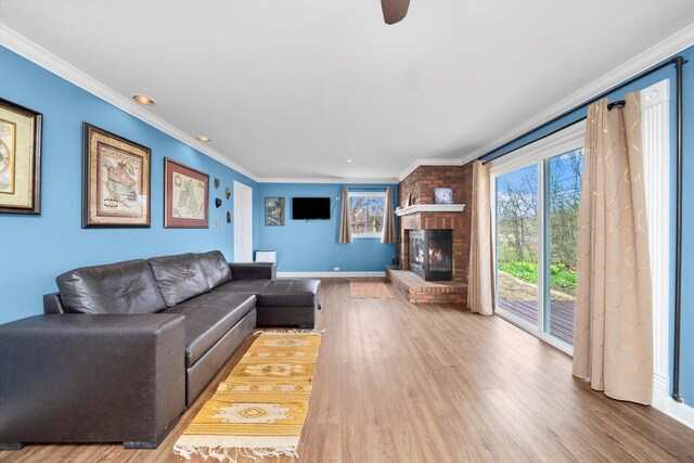 472 Lakewood Blvd, Park Forest, IL 60466 - living area with crown molding, a fireplace, and a healthy amount of sunlight