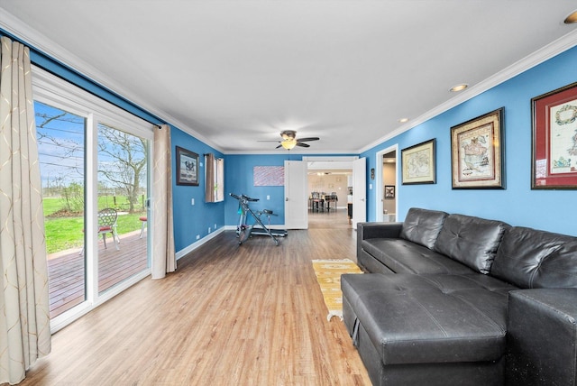 472 Lakewood Blvd, Park Forest, IL 60466 - living room featuring baseboards, wood finished floors, ornamental molding, and ceiling fan