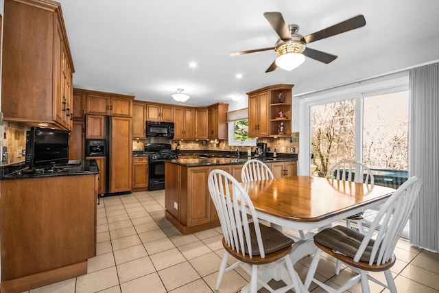 dining space featuring recessed lighting, a ceiling fan, and light tile patterned floors