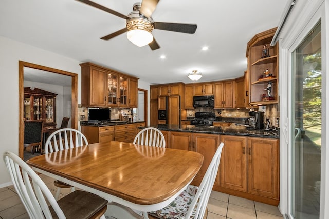 dining room featuring ceiling fan, recessed lighting, and light tile patterned floors