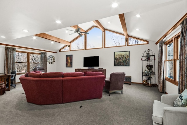 living room featuring lofted ceiling with beams, baseboards, a ceiling fan, and carpet flooring