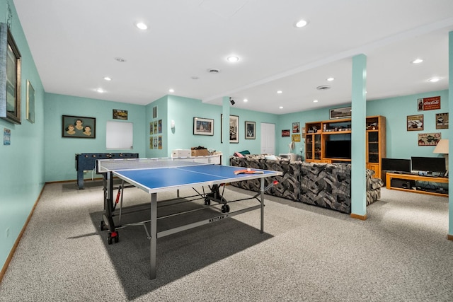 recreation room featuring baseboards, carpet floors, and recessed lighting