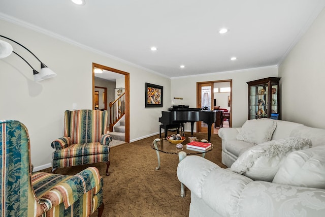 carpeted living room featuring baseboards, recessed lighting, stairs, and ornamental molding